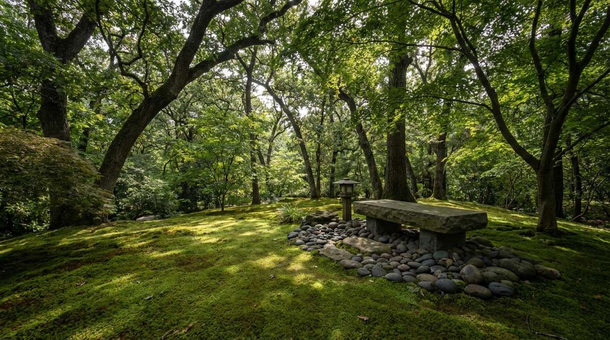 A serene meditation zone beneath the canopy of mature trees in a zen garden, featuring cleared understory vegetation and a soft carpet of shade-tolerant moss for cushioning.