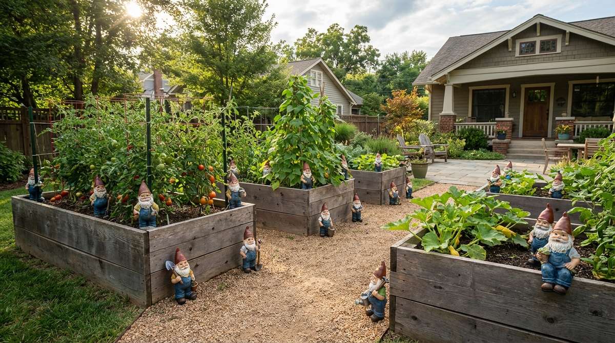 A whimsical scene of mini garden gnomes with tools, posed in a vegetable patch to help tend tomatoes, beans, or squash, adding playful decor to raised beds and encouraging interest in gardening.