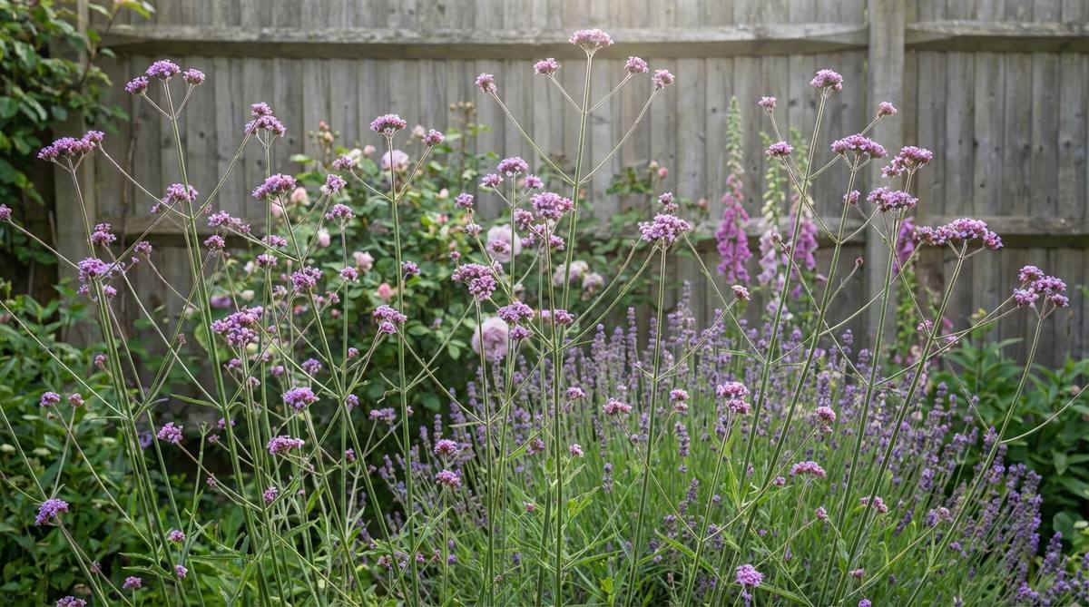 A close-up photo of Verbena Bonariensis in a small cottage garden, showcasing its slender 4-5 foot tall stems with transparent profile and purple flower clusters that allow views through to plants behind. The image illustrates how this airy perennial adds vertical height without blocking light or views to mid-layer plants when planted in drifts.