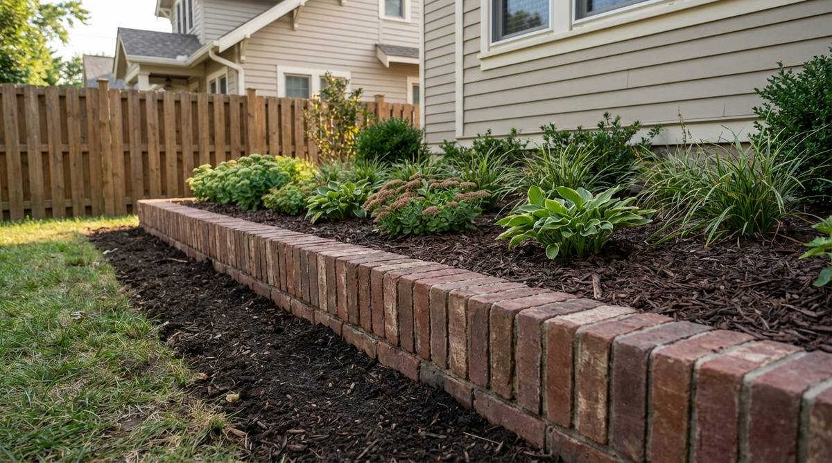 A narrow-profile garden border wall created by stacking bricks vertically, conserving space while providing 8-12 inches of soil retention. Ideal for narrow side yards and urban gardens, this design prevents mulch migration and integrates well with low-growing perennials.