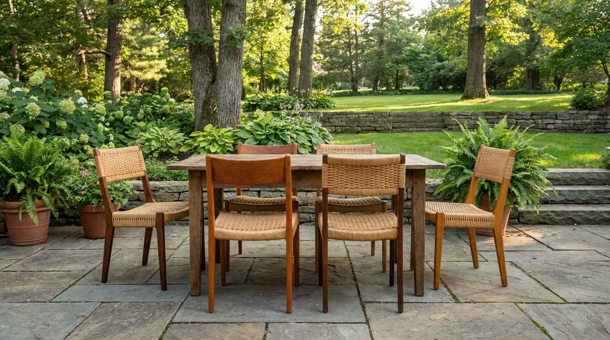 Mid-century vintage cane dining chairs with hand-caned seats and backs, perfect for boho garden furniture. These chairs feature breathable cane weave for comfortable outdoor dining in summer heat, with mixable wood tones for eclectic charm.