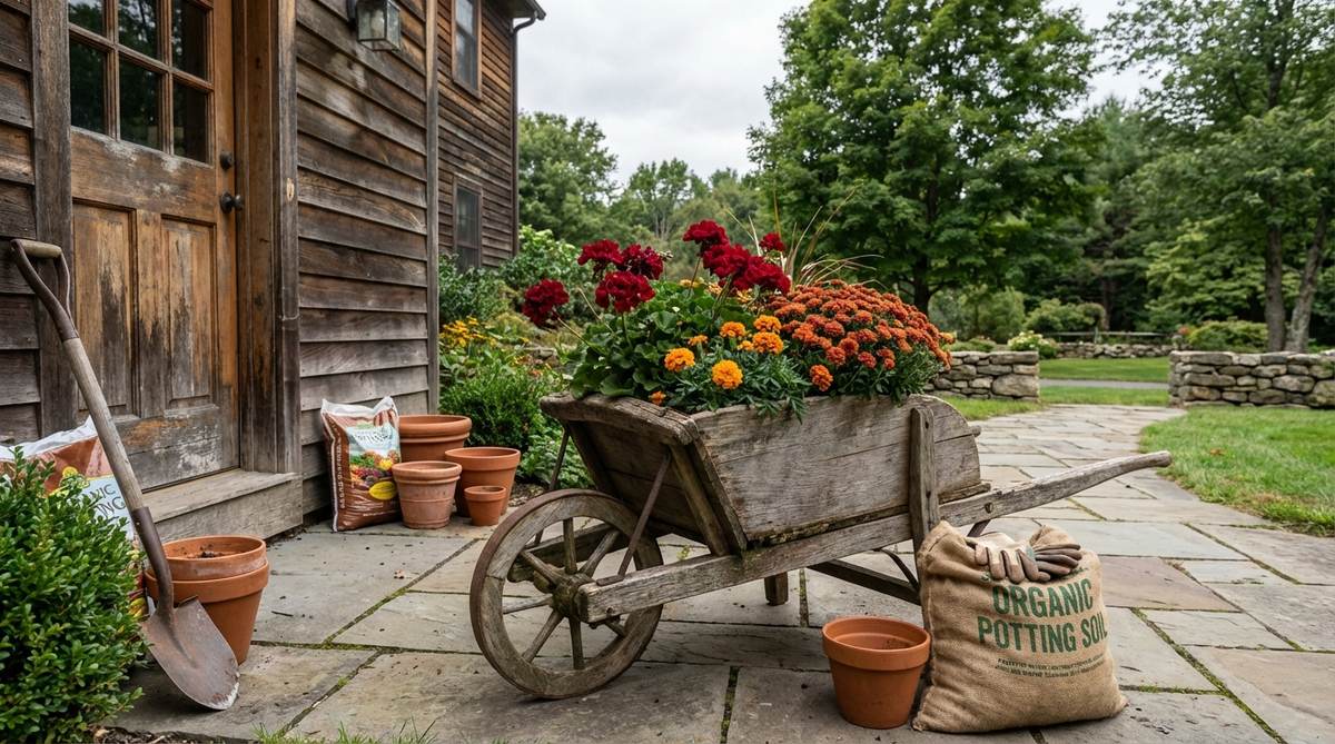 A rustic vintage wheelbarrow repurposed as a mobile garden display, filled with seasonal flowers in rich red and orange tones that add warmth to outdoor spaces. Positioned near an entrance with potting soil and plants directly inside, showcasing agricultural heritage and whimsical character as a focal point in rustic outdoor decor.