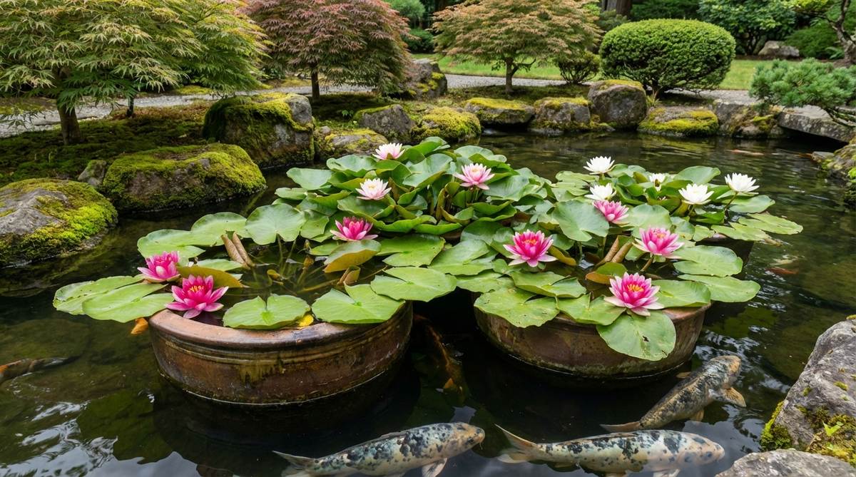 A close-up view of hardy water lilies with large floating pads and vibrant blooms in a Japanese garden pond, positioned in decorative containers to control spread and provide essential shade for koi fish.