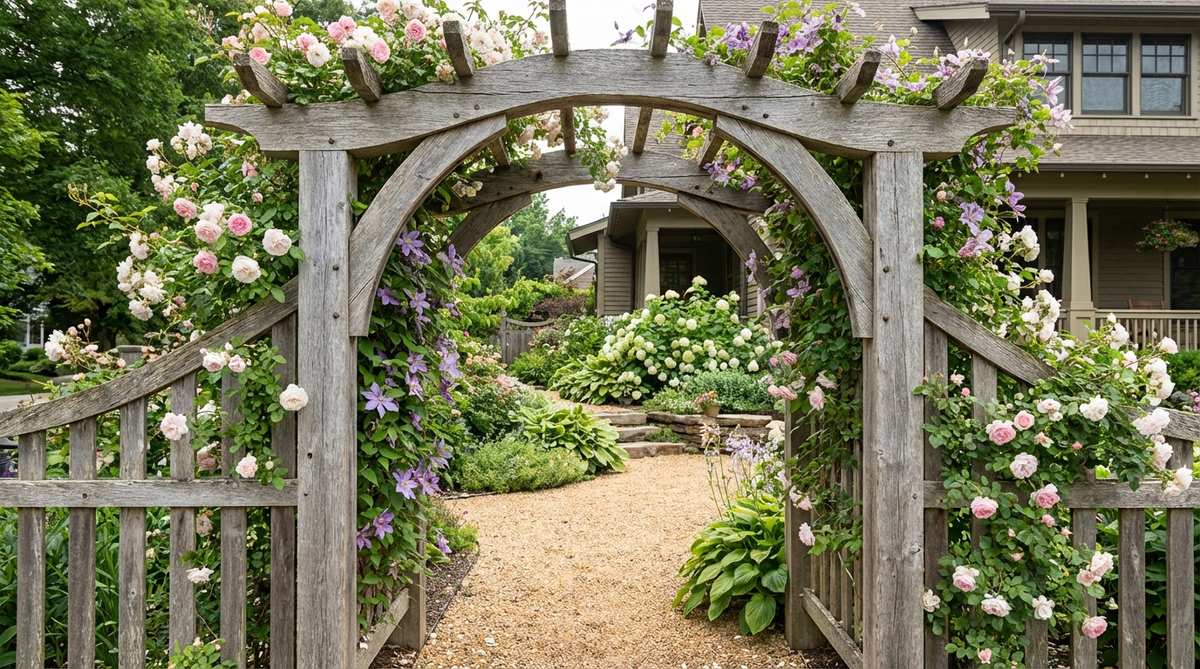 A vintage weathered wooden arbor gateway made from rough-cut cedar or reclaimed barn wood, creating an enchanting garden entrance with climbing roses and clematis. The arched structure frames garden views and marks transitions between garden rooms, featuring naturally weathered silver-gray wood or whitewash finish for a cottage appearance.
