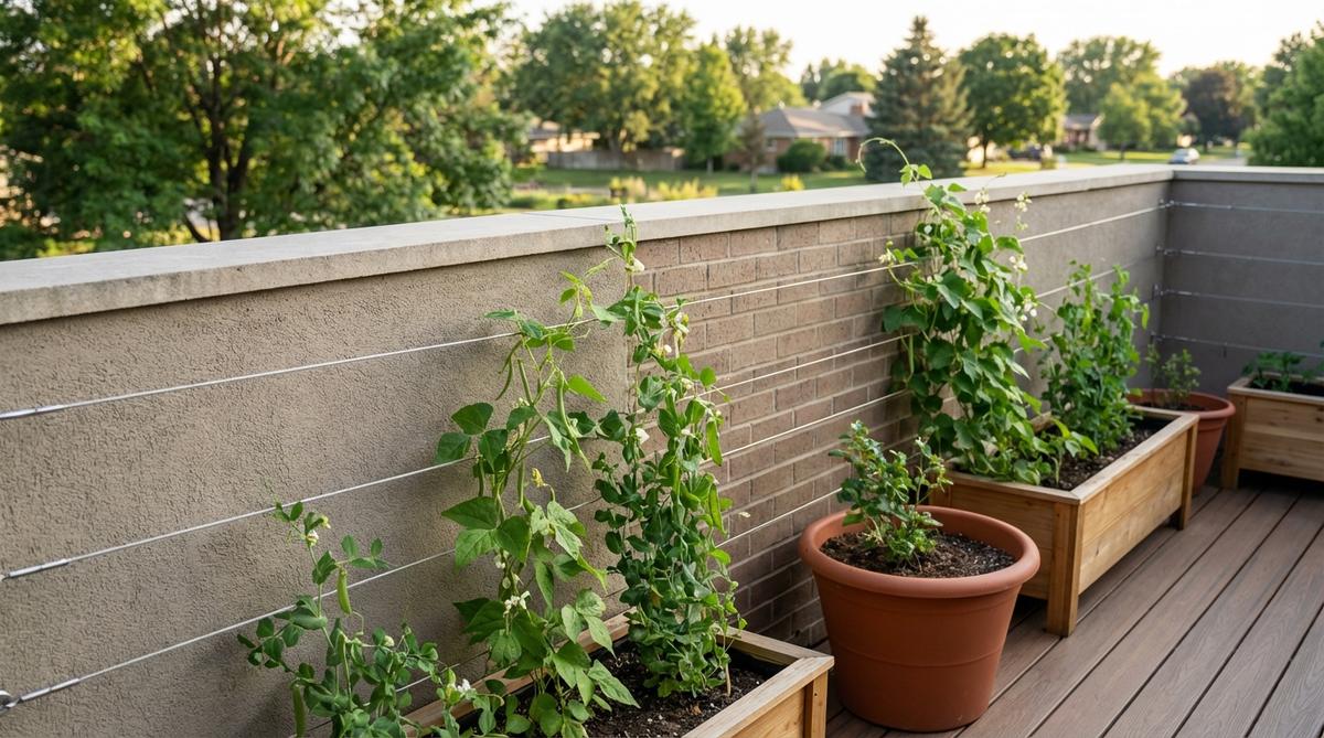 A minimalist stainless steel wire cable system installed on a balcony wall, providing climbing support for plants like pole beans and sugar snap peas. The thin horizontal cables maintain clear sightlines while offering functional plant support, with an industrial aesthetic suitable for modern decor.