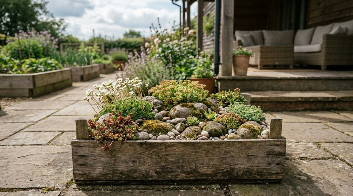 A rustic wooden crate filled with alpine plants and small rocks, creating a natural outcropping effect. Ideal for cottage gardens and urban balconies, this display provides excellent air circulation for root zones.