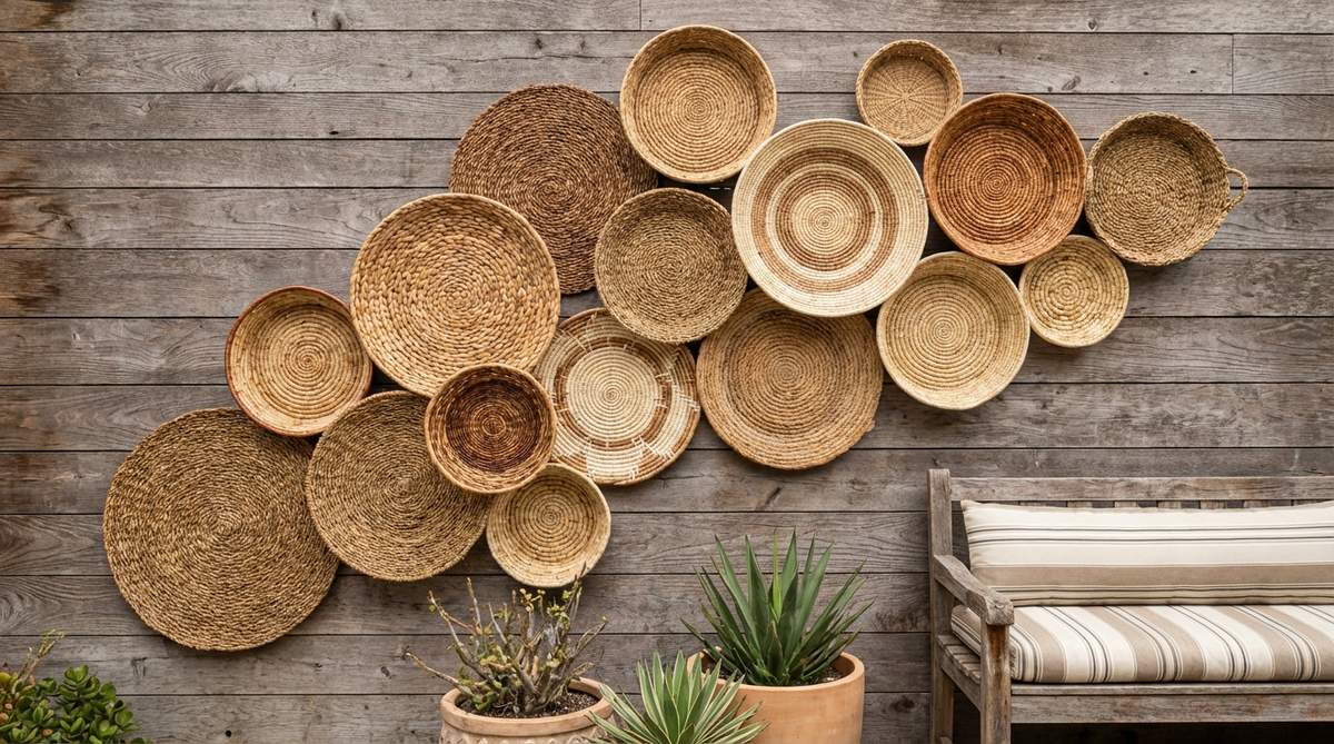 A collection of flat woven baskets in varying sizes arranged asymmetrically on a wall, creating an organic sculptural art installation with natural fibers and handcrafted quality that adds artisanal character to modern boho decor.