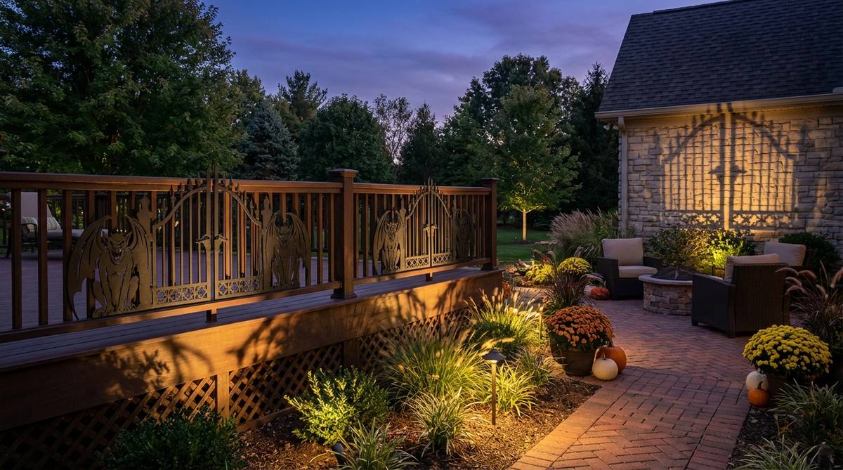 Black metal or cardboard cutouts of Gothic elements like gargoyles and cemetery gates mounted on a balcony railing, with dramatic uplighting casting long shadows to create a refined yet spooky Halloween atmosphere.