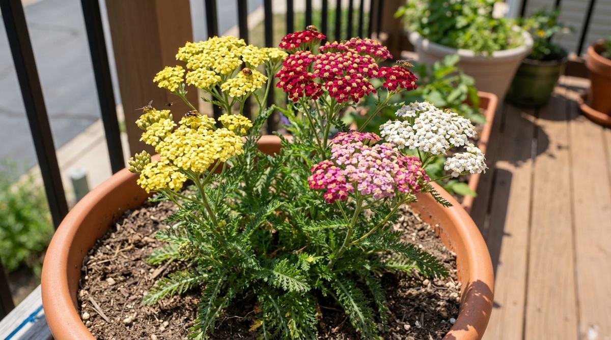 A close-up photo of yarrow's flat-topped flower clusters in yellow, red, pink, or white colors, growing above aromatic fern-like foliage in a balcony garden container. The dwarf cultivar 'Little Moonshine' is shown thriving in full sun with lean soil, demonstrating its suitability for pot culture and ability to attract beneficial predatory insects.