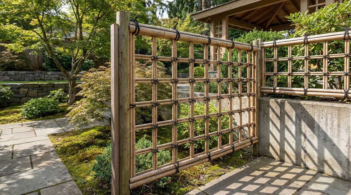 A square-grid bamboo lattice fence, known as Yotsume-gaki or Four-Eye Fence, used as a boundary in a Japanese tea garden. The geometric design features bamboo canes spaced 6 to 8 inches apart, bound with black hemp rope, creating transparency that allows visual connections between spaces while marking transition zones. The open framework casts shifting shadows on adjacent walls and paving throughout the day, enhancing the garden's aesthetic and functional appeal in outdoor decor.