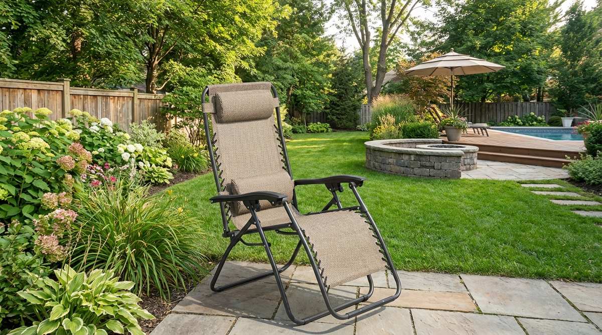 A zero gravity recliner chair in a garden setting, featuring a steel tube frame with breathable mesh fabric that reclines from 0 to 170 degrees. The chair is shown with padded headrest and lumbar pillow, positioned to distribute weight evenly for reduced spine and joint pressure. Ideal for poolside lounging, patio reading, or camping with its folding design for easy storage and transport.