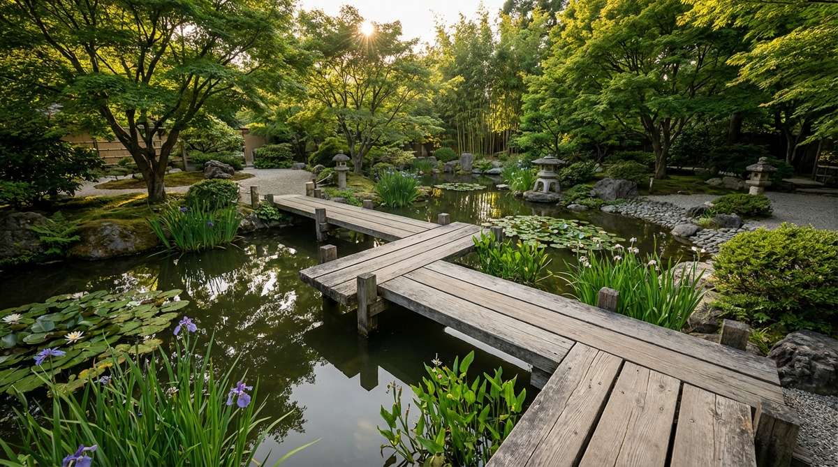 A zigzag water crossing, known as a yatsuhashi bridge, in a Japanese garden, with planks spaced 18-24 inches apart to allow views of water reflections and aquatic plants, emphasizing slow movement and varied perspectives.