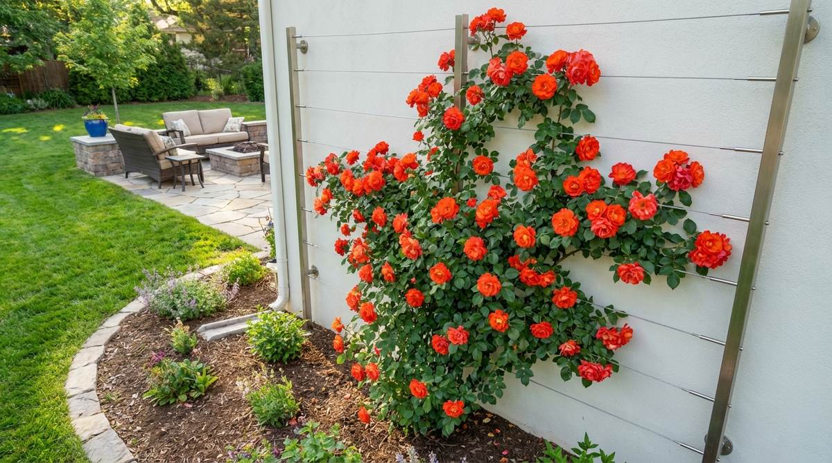 A vibrant climbing rose with bright orange-red fragrant blooms on vigorous canes reaching 10-12 feet tall. The intense color creates dramatic contrast against light backgrounds, trained on contemporary cable trellis systems with clean foliage coverage. This disease-resistant variety blooms repeatedly through summer and fall without extensive maintenance.