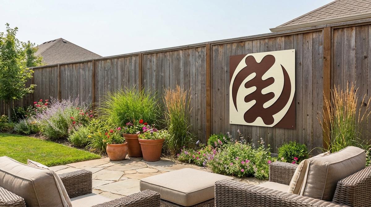 A piece of wall art featuring traditional Adinkra symbols from Ghana, such as Sankofa or Gye Nyame, rendered in geometric designs on weather-resistant materials like painted wood or metal. This artwork adds cultural depth and contemporary style to outdoor spaces, blending Afro boho decor with modern design sensibilities.