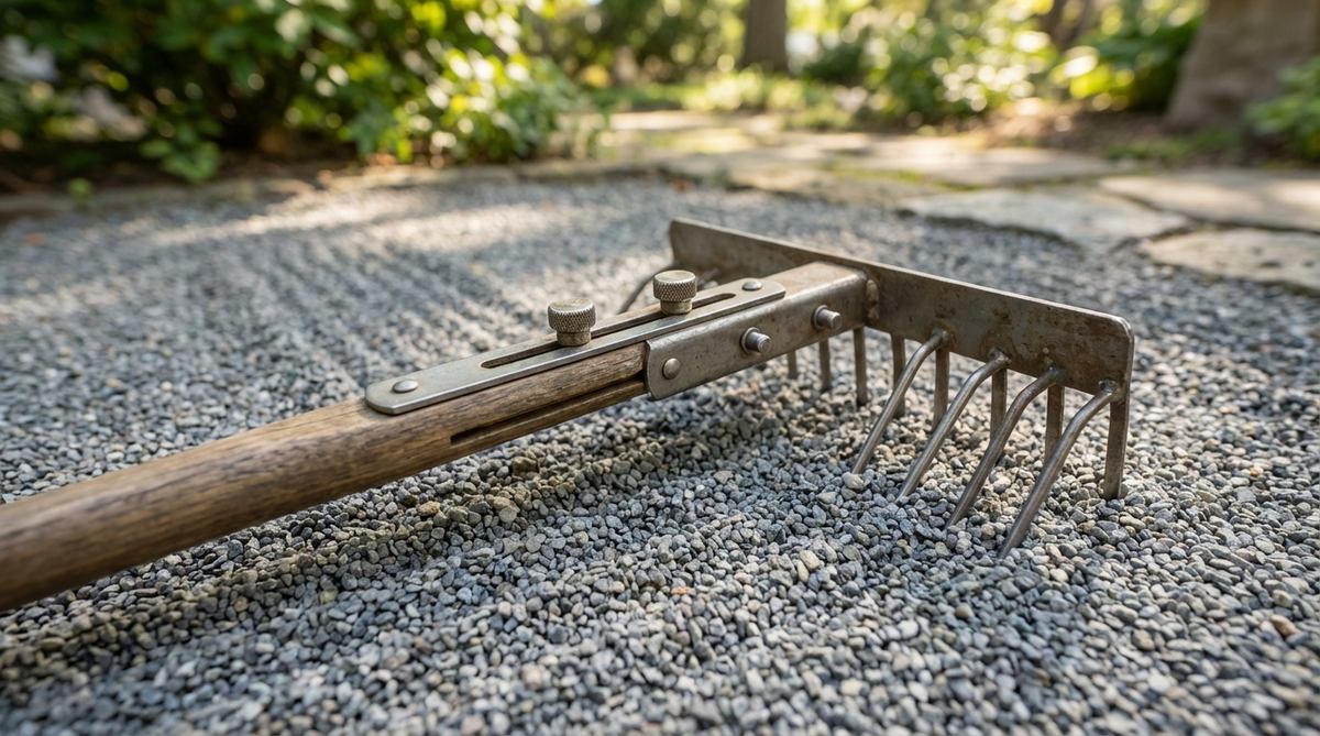 A close-up photo of an adjustable-width zen garden rake, showing its sliding mechanism or telescoping tines that can be adjusted from 5mm to 25mm using knobs or locking pins. The tool is shown on gravel, demonstrating its flexibility for creating different patterns in a zen garden.