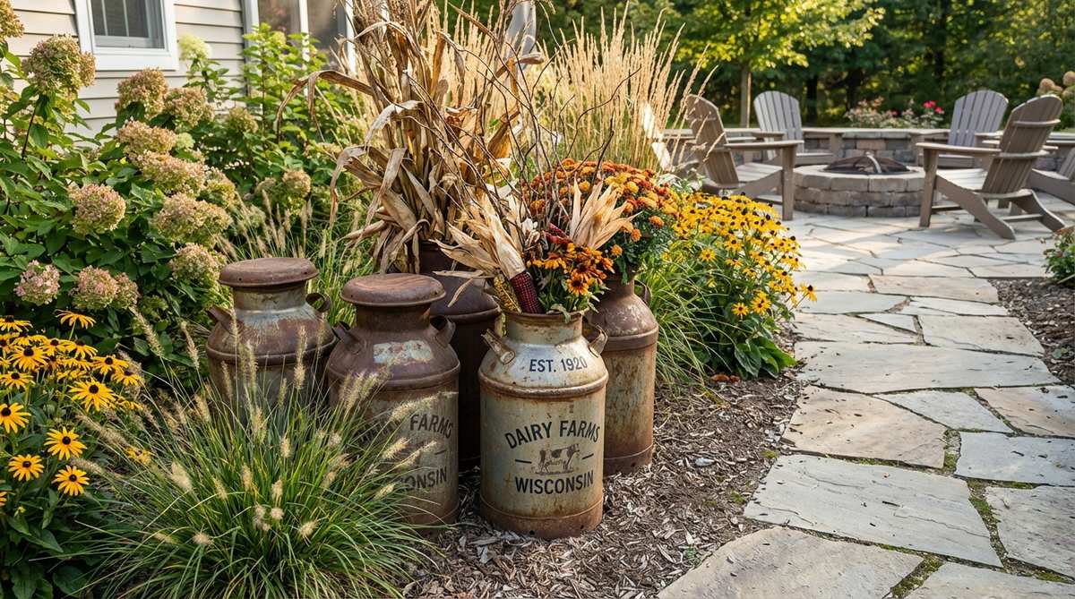 Tall metal antique milk cans used as rustic outdoor decor, serving as standalone sculptures or plant holders with cut branches, dried grasses, or seasonal flowers. Their industrial character balances soft plantings, featuring original painted finishes or natural rust for authentic period appeal.