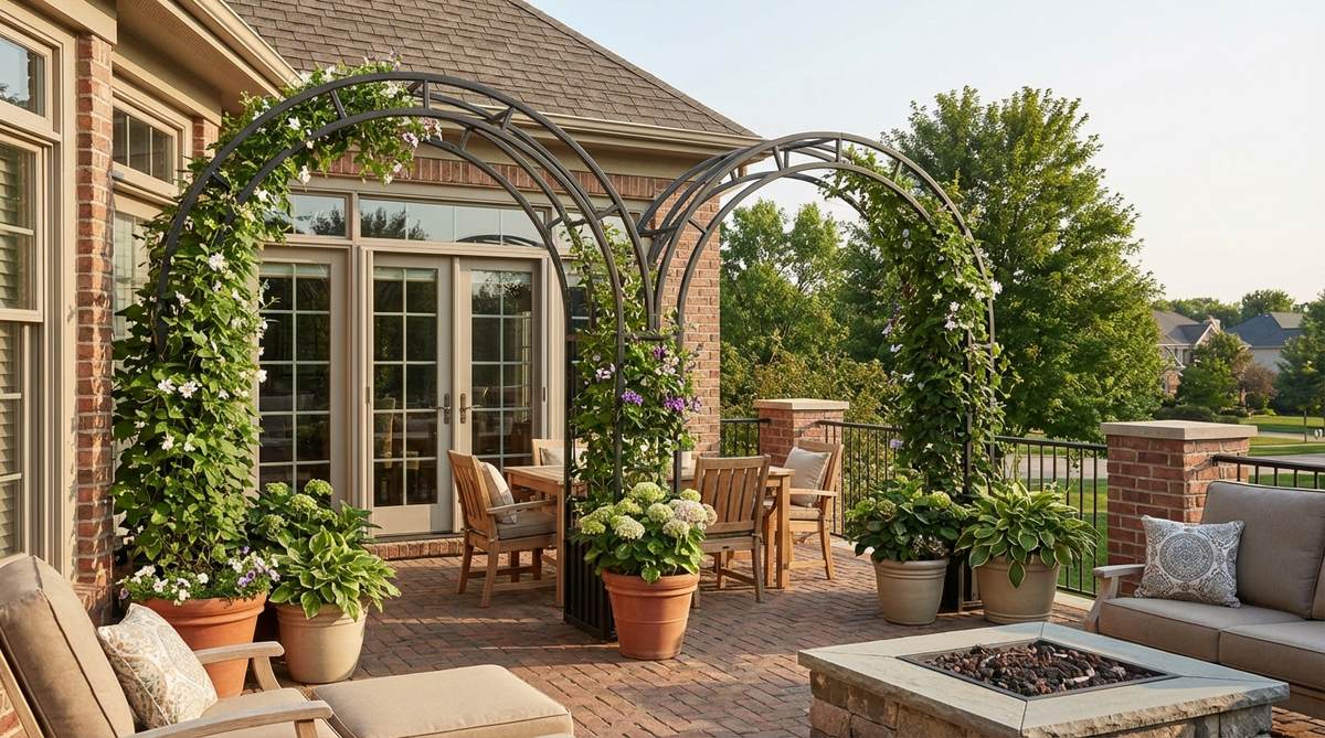 An image showing arched metal trellises used in balcony decor, featuring curved powder-coated steel forms that resist corrosion and train vines into elegant shapes. Positioned to frame doorways or define transition zones, they add romantic garden character and architectural interest, with full coverage typically developing by the second growing season.