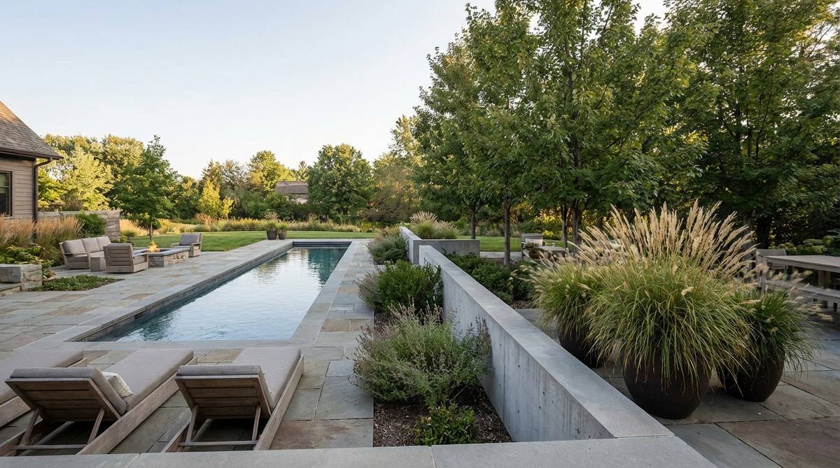 A modern garden layout showcasing asymmetric balance, with offset elements like a pool and mature trees arranged to create visual harmony through equal weight distribution, illustrating sophisticated design principles.