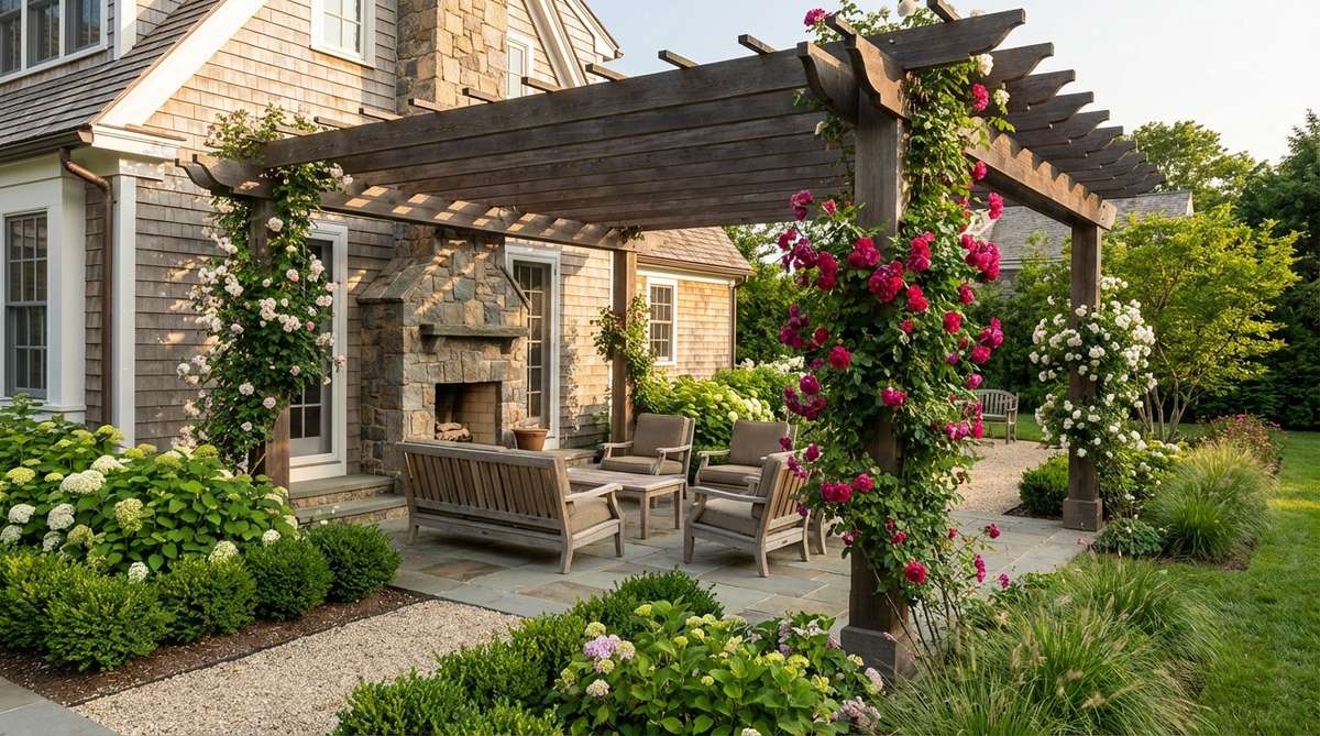 An attached patio pergola extending from a house structure, providing support for climbing roses while creating an outdoor living space. The design shows roses trained on free-standing posts and outer beams, with clear house-side areas for maintenance access as described in garden design articles.