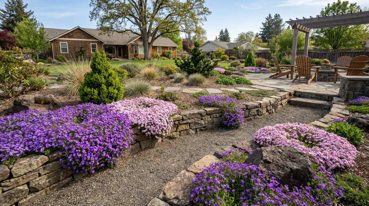 Aubrieta, also known as Rock Cress, is a resilient spreading plant that forms dense mats with purple or pink flowers in spring, ideal for Japanese rock gardens, gravel areas, and dry stone walls due to its low-growing habit and drought tolerance.