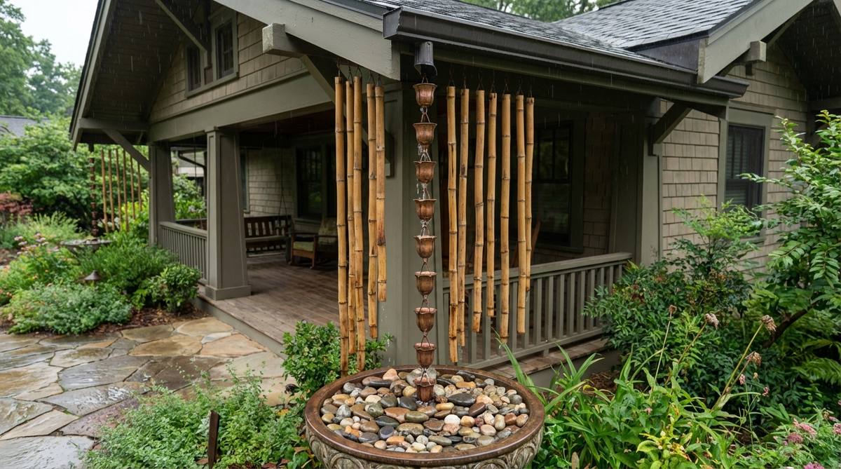 A close-up view of bamboo rain chains, showing linked segments channeling water through cascading cups to create a visual and auditory feature during rainfall. The chains are suspended from a gutter outlet above a drainage basin filled with river rock, highlighting their decorative role in transforming drainage into a garden event. Suitable for covered porches or exposed installations with copper alternatives for durability.