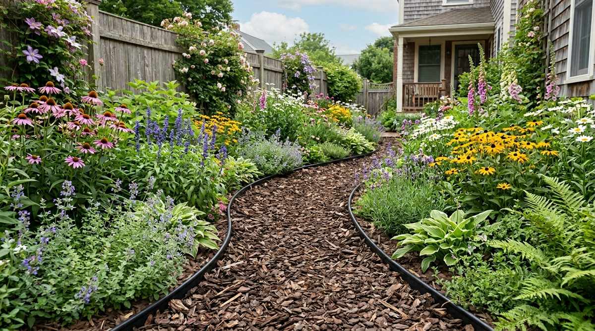 A rustic bark chip pathway winding through a cottage garden, showing proper installation with landscape fabric and clear edging to prevent migration into planting beds.