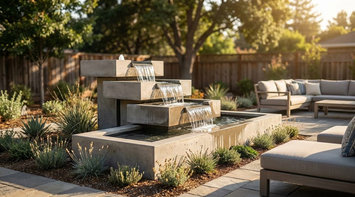 A contemporary outdoor basin spillway fountain featuring stacked rectangular basins where water cascades from one geometric tier to the next. Made from concrete, steel, or composite materials, this modern water feature creates architectural interest and provides soothing water sounds to mask urban noise, perfect for installation near outdoor living areas to enhance relaxation.