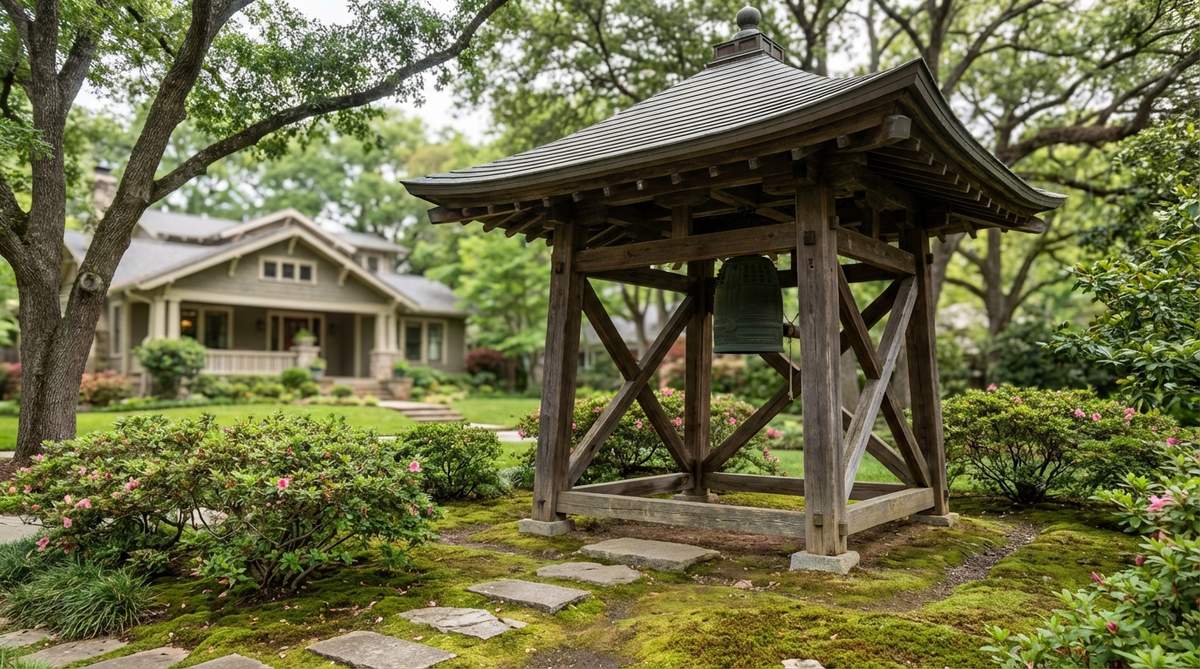 A traditional Japanese garden bell tower, known as Shōrō, featuring an open-sided design with a flared roof to resonate sound. Constructed from heavy timber with four posts and cross-bracing to support a bronze bell, used for time-keeping or ceremonial ringing in tea house gardens.