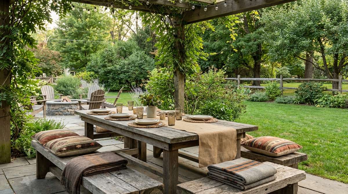 A rustic outdoor dining area featuring long wooden benches flanking a farmhouse-style table, set for a casual family-style gathering. Cushions and folded blankets are arranged on the benches for comfort, creating a relaxed atmosphere perfect for lingering meals at rustic or farmhouse-themed parties.