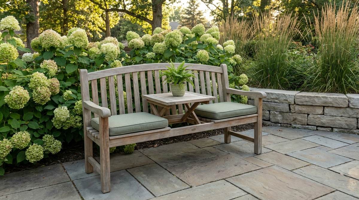 A dual-function bench with a flip-up center seat revealing an integrated table, ideal for small garden furniture. This design eliminates the need for separate coffee tables, allowing for flexible seating and dining setups in compact outdoor spaces.