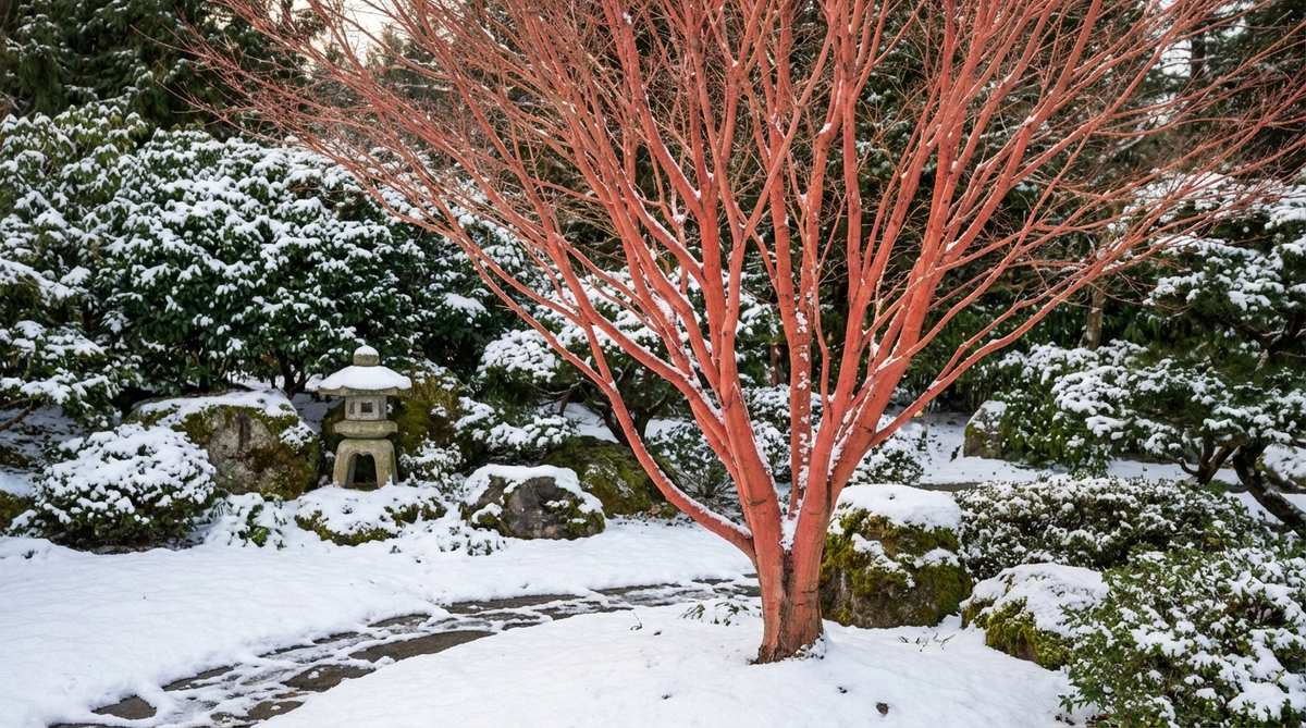 A close-up image of a Beni-kawa maple tree showcasing its bright coral-red bark, which provides a striking winter focal point against a snowy or evergreen background in a Japanese garden. The upright, vase-shaped canopy and branching structure are visible, highlighting the tree's ornamental value during colder months.