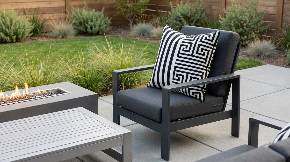A modern outdoor decor pillow featuring high-contrast black and white geometric patterns, such as Greek key or bold stripes, designed to add sophistication to sleek metal furniture and contemporary settings.