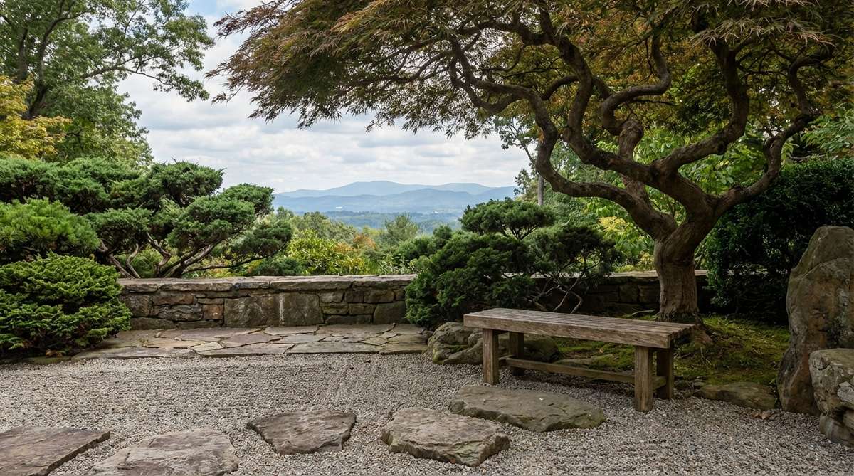 A Zen garden scene illustrating the borrowed scenery technique, where strategic plant placement and structural elements frame a distant landscape view. The composition expands the perceived garden boundary by incorporating external mountains, trees, or sky, with meditation seating positioned to align with these sight lines.