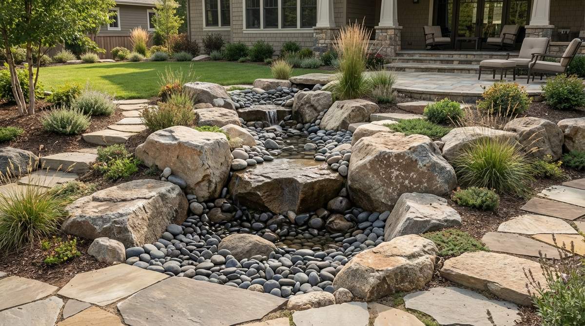 A garden rock design featuring staggered boulders creating visual waterfall drops with excavated pool areas filled with darker stones, mimicking natural creek formations in dry landscape designs.