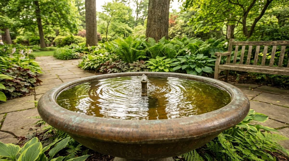 A cast basin fountain with a bronze glaze finish and a single bubbling spout, reflecting surrounding foliage to create an illusion of depth. Suitable for traditional or transitional garden styles, surrounded by ferns and shade-loving perennials.