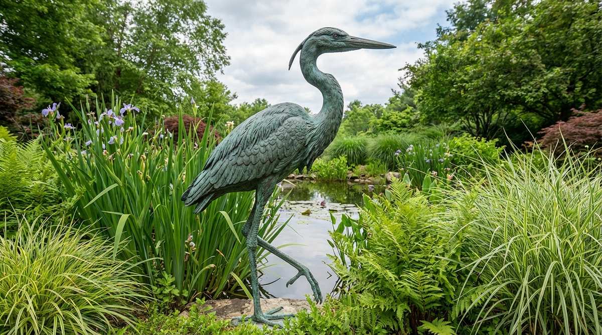 A life-size bronze heron statue, elegantly poised mid-step with detailed feather texturing and realistic leg proportions, placed at the edge of a pond or rain garden. The statue develops a green patina over time, harmonizing with aquatic plants, and measures 36-48 inches tall to match actual heron dimensions.