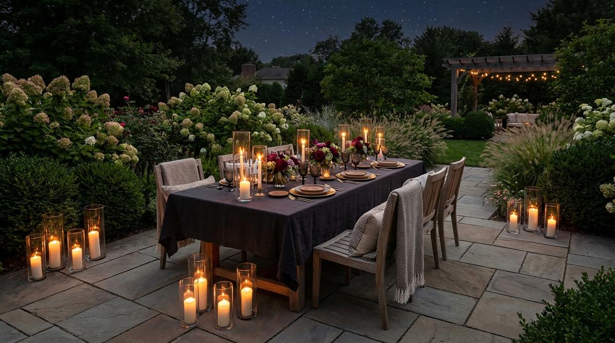 A mini garden party scene featuring an intimate candlelit dinner under the stars, with hurricane lanterns and pillar candles at varying heights creating a warm glow. Dark tablecloths, metallic chargers, and low centerpieces enhance the ambiance, designed for 4-6 guests to maintain an exclusive, special-occasion atmosphere.