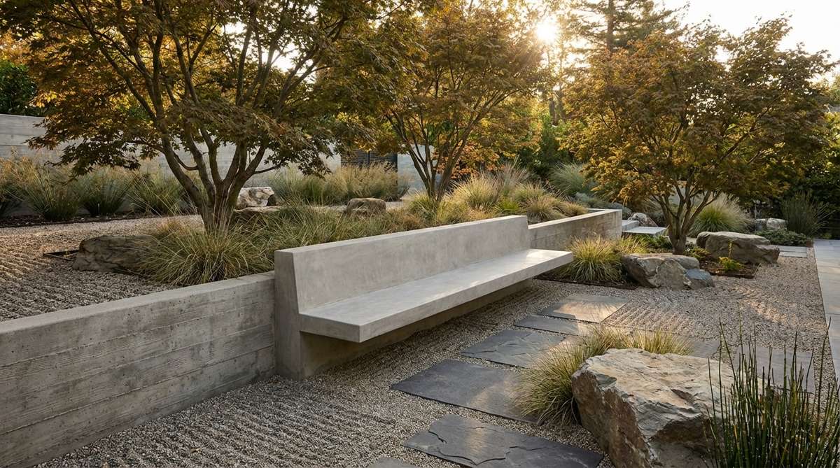 A minimalist concrete bench wall with a cantilevered design, integrated into a modern Zen garden setting, providing comfortable seating at 18-inch height with a smooth troweled finish for contemplation.