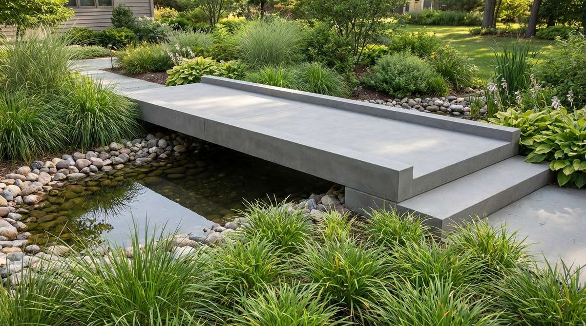 A modern cantilevered concrete bridge spanning a small garden water feature, showcasing clean geometric lines and smooth concrete surfaces that create a bold architectural statement. The neutral gray concrete provides a minimalist backdrop for surrounding lush plantings, demonstrating how this permanent, maintenance-free structure can withstand heavy use while complementing contemporary landscape designs.