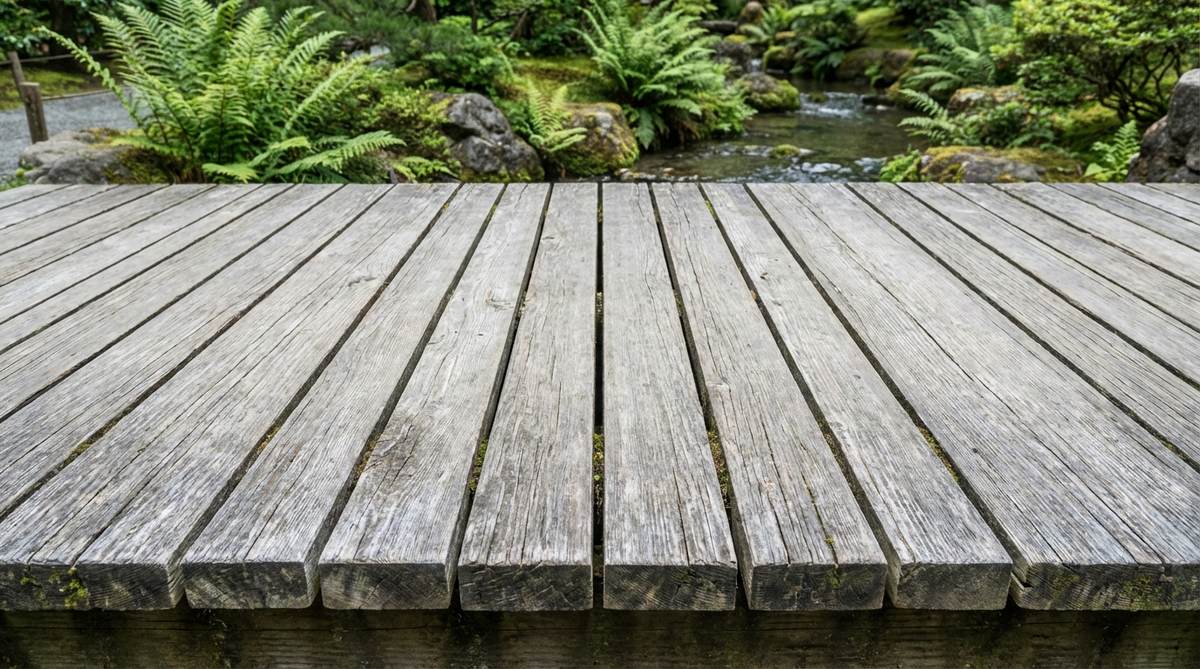 A close-up view of wide cedar planks (6-8 inches) laid side-by-side to form a substantial walking surface for a Japanese garden bridge. The planks are installed perpendicular to traffic flow over support beams with minimal visible framing, creating a monolithic, grounded appearance. Natural 1/8-inch gaps between planks allow for drainage and seasonal expansion. The cedar's natural oils provide rot resistance without chemical treatment, developing a distinctive silver-gray patina over time that adds character and improves with age.
