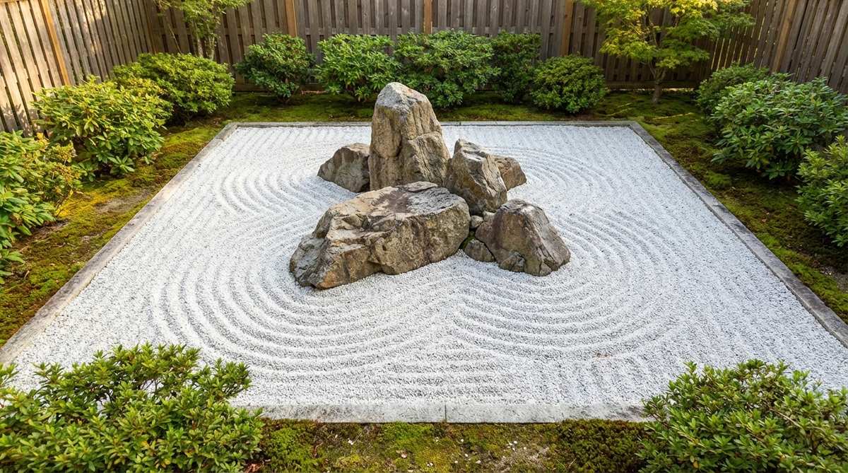 A prominent stone group occupies the center of a Japanese Zen garden, drawing immediate attention with asymmetrical stone positions. Surrounding gravel remains open and unadorned, with raking patterns radiating outward in concentric circles that suggest ripples spreading from water. This bold approach creates formal stability in rectangular or square garden spaces.