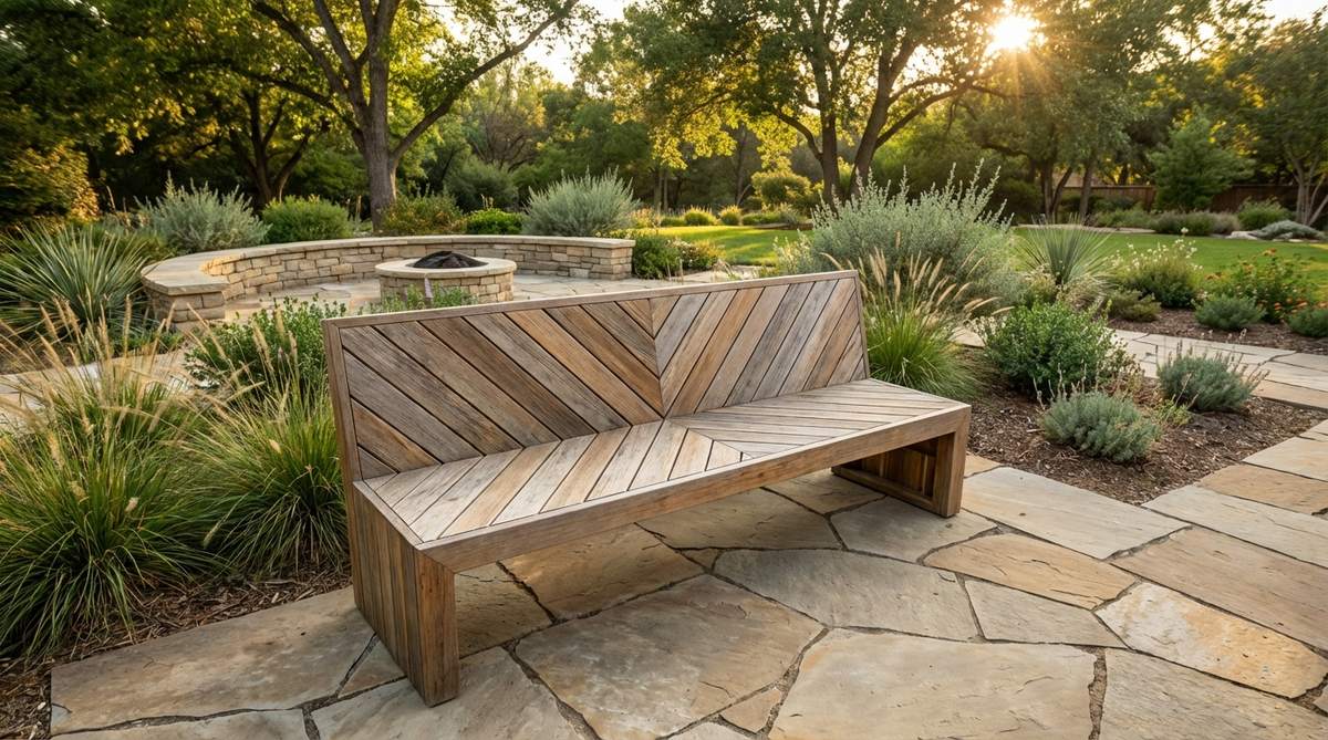 A modern garden bench featuring a chevron pattern created by wood pieces cut at 45-degree angles, forming a dynamic V-shape along the centerline, ideal for contemporary outdoor settings.