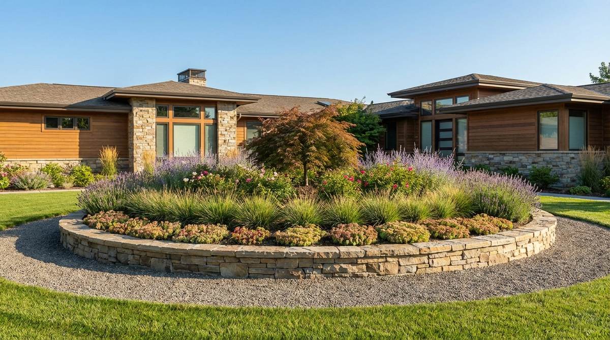 A stone-edged circular planting island in a modern front yard, featuring concentric rings of plants with varying heights, centered around a small ornamental tree or large grass clump, set against a gravel or turf foreground to create a focal point visible from the street.
