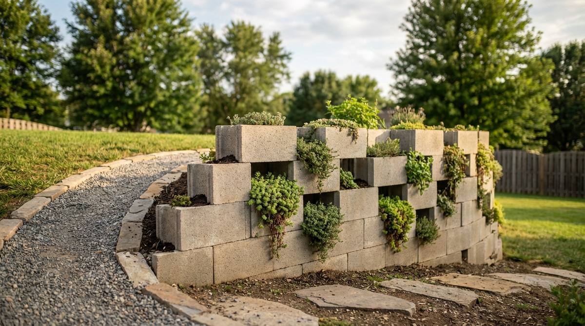 A small garden retaining wall made from hollow-core concrete blocks arranged in a running bond pattern, with planting pockets created by leaving some cores open for soil and trailing plants like sedums or thyme, demonstrating an affordable DIY solution for slope stabilization with a living wall effect.