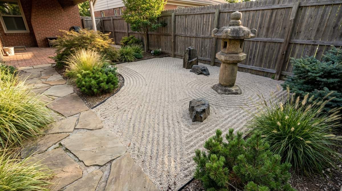 An image illustrating the technique of converging perspective lines in a Zen garden, where raked lines in the sand meet at a vanishing point to create an illusion of depth, enhancing the dimensional quality and perceived space in smaller urban gardens.