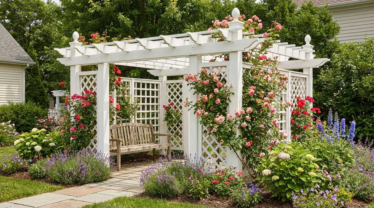 A white painted wooden pergola in a small cottage garden setting, featuring lattice panels with climbing roses and decorative post caps. The light color reflects heat for cooler comfort and creates a classic backdrop for colorful flower gardens.