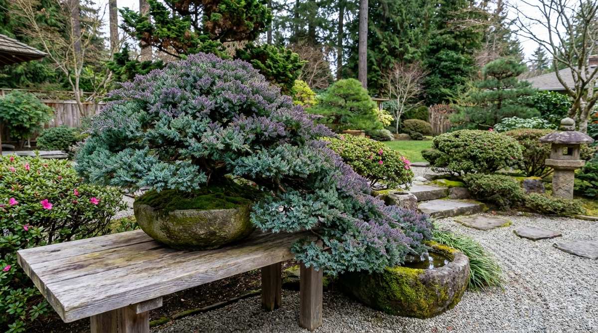 A beautiful Creeping Juniper (Juniperus horizontalis) bonsai displayed in a traditional Japanese garden setting, showcasing its ground-hugging growth pattern adapted into an elegant cascade form with distinctive blue and purple winter coloration.