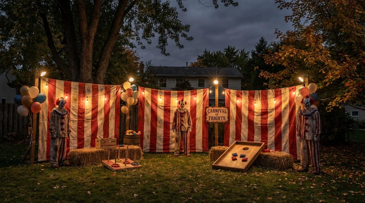 A Halloween outdoor decor setup featuring a carnival-inspired corner with striped backdrops, unsettling clown figures, and bright lights against a night sky, creating a funfair-gone-wrong vibe. Includes elements like balloon clusters and simple games for a spooky yet interactive yard display.
