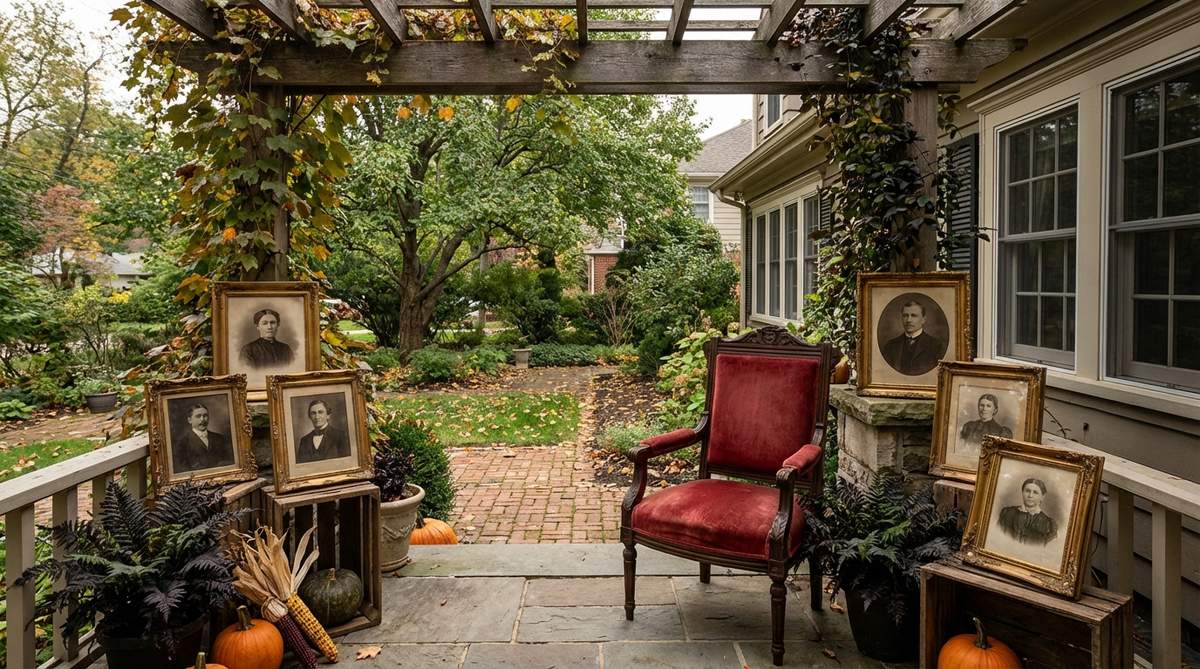 A vampiric throne created with a crimson velvet chair surrounded by ornate vintage frames containing mysterious sepia-toned portraits, perfect for Halloween balcony decor with a haunting aristocratic theme.
