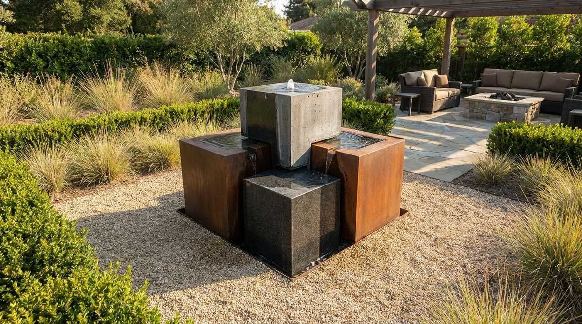 Solid geometric cubic fountain blocks with water emerging from top surfaces or faces, combining sculpture with function in modern garden decor. Fabricated from polished granite, concrete, or weathered steel, these features work as freestanding elements in gravel courts or as focal points in planted areas.